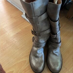 Fiorentini + Baker Gray Taupe Leather Buckle Mid-Calf Boots